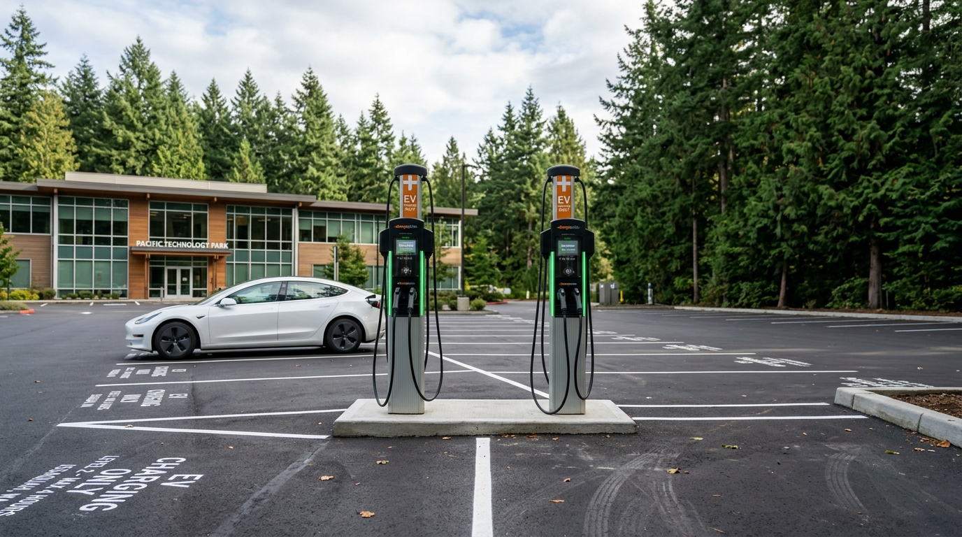 Commercial dual-port EV charging station pedestal repair in an Issaquah commercial parking lot