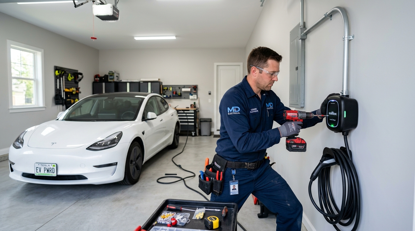 Licensed electrician repairing Level 2 EV charging station terminal block in an Issaquah garage