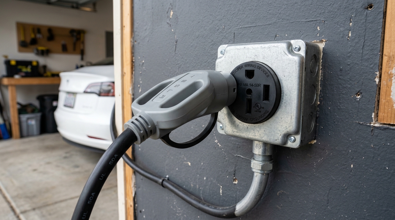 Licensed electrician installing heavy-duty industrial grade NEMA 14-50 outlet replacement in Issaquah